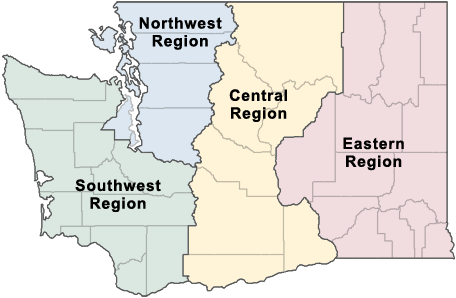 State map showing Ecology's four regions with links to Ecology Youth Corps contact information